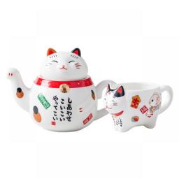 Creative Cute Lucky Cat Ceramic Tea Set Cartoon Ceramic Tea Cup Pot With Strainer