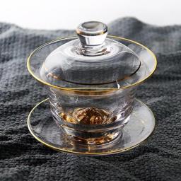 Crystal Glass Tea Set Golden Mountain Kung Fu Tea Cup Covered Bowl Flower Tea Cup Gold Foil
