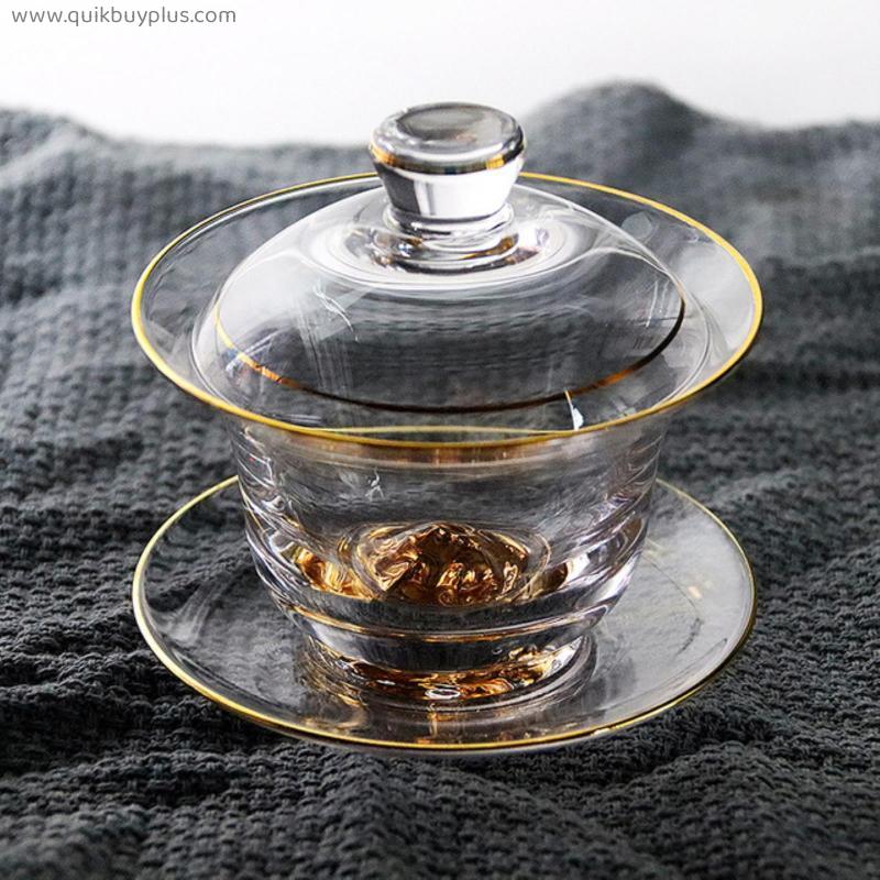 Crystal Glass Tea Set Golden Mountain Kung Fu Tea Cup Covered Bowl Flower Tea Cup Gold Foil