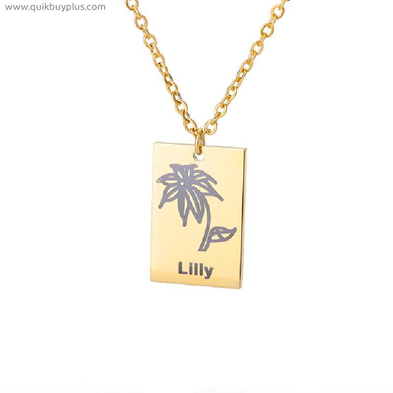 Custom Flower Necklace With Name Personalized Stainless Steel Gold Square Flower Necklaces For Women Fashion Jewelry Gift 2022