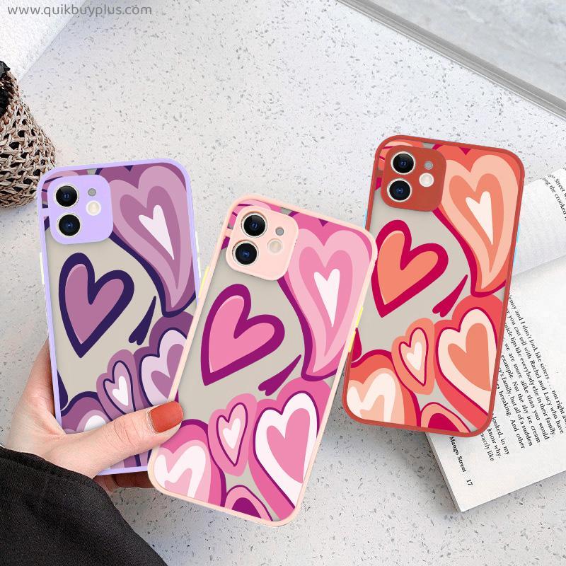 Cute  Matte Love Heart Pattern Phone Case For iPhone 11 12 13 Pro Max Mini X XR XS Max SE 2020 TPU+PC Shockproof Hard Cover
