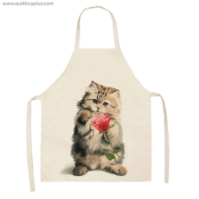 Cute Cat Kitchen Sleeveless Aprons for Women Cotton Linen Bibs Household Cleaning Pinafore Home Cooking Chef Apron Delantal