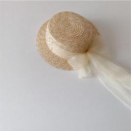 Cute Children's Cap Straw Hat Pearl Decoration Lace Bandage Flat Top Sun Protection Caps Girl Wide Brim Hat Beach Hat Sun Hats