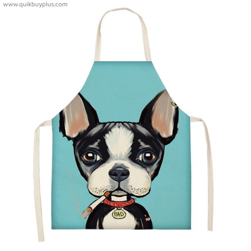 Cute Dog Pug Printed Cotton Linen Sleeveless Aprons Kitchen Aprons Women Home Cooking Baking Waist Bibs Pinafore