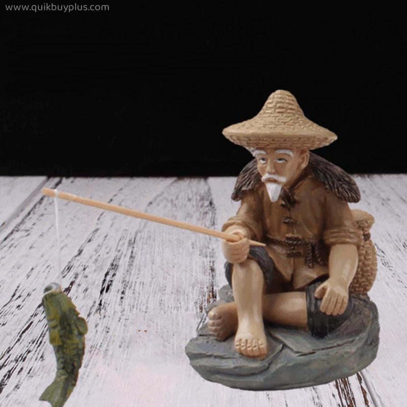 Cute Small Fisherman Figurines Sitting Garden Statue Bonsai Miniature Landscape Figure Indoor Sculpture Patio Ornaments