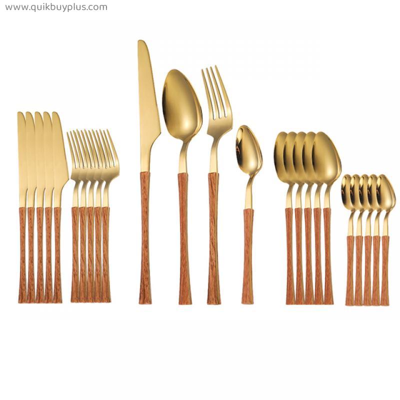 Cutlery Set 24 Pieces Stainless Steel Full Complete Tableware Set Dinnerware Sets Silverware Wooden Utensil Set Free Shipping