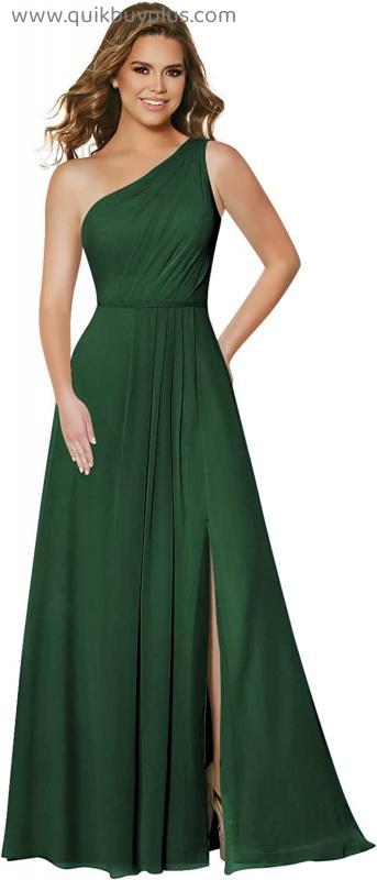 DFDG Pleated Chiffon Long Emerald Green Bridesmaid Dresses for Women with Slit One Shoulder Formal Party Dress with Pockets 02
