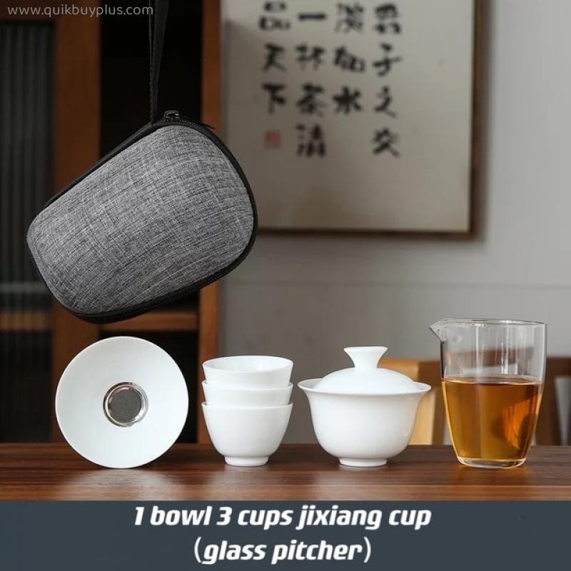 Dehua White Porcelain Travel Kung Fu Tea Set Carrying Bag Bowl чай Four Glass kettle Gift teacup  tea set glass gaiwan strainer