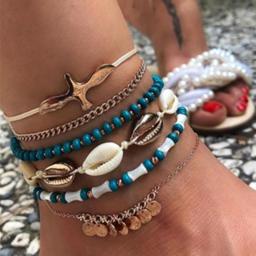 Docona Boho 4pcs/sets Colorful Beaded Anklets Summer Watermelon Eyes Pendant Rope Feet Bracelets Women Accessories 8369