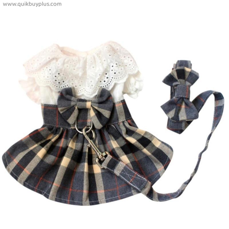 Dog Clothes Dog Dress Plaid Skirt With Big Bowknot Pet Harness With Set For Girls Small Medium Chihuahua Dog Clothing