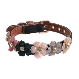 Dog Collars Leather Dog Collar 3D Flowers Dog Collar Cute Shiny Rhinestones PU Collar with Adjustable Safety Metal Buckle  for Small Dogs