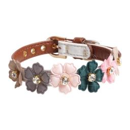 Dog Collars Leather Dog Collar 3D Flowers Dog Collar Cute Shiny Rhinestones PU Collar With Adjustable Safety Metal Buckle  For Small Dogs