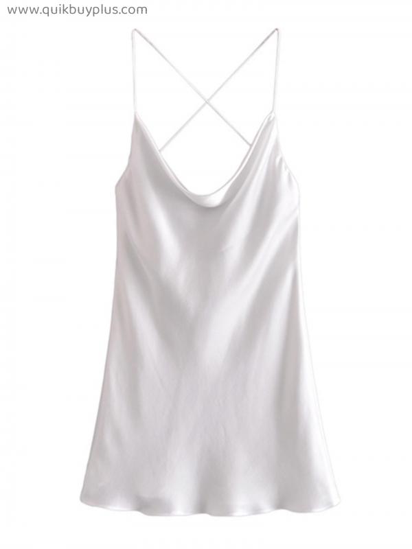 Dresses 2022 Summer Za Dress Women White Rear Back Cross Suspender Dress V-Neck Sleeveless Backless Sexy Female Mini Dresses