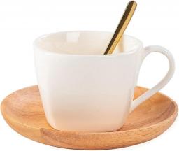 Drinking Cup 6.8 Oz White Porcelain Coffee Mugs with Wooden Saucer and Golden Spoon Ceramic Cappuccino Cup, Latte Cup for Tea Coffee Cup