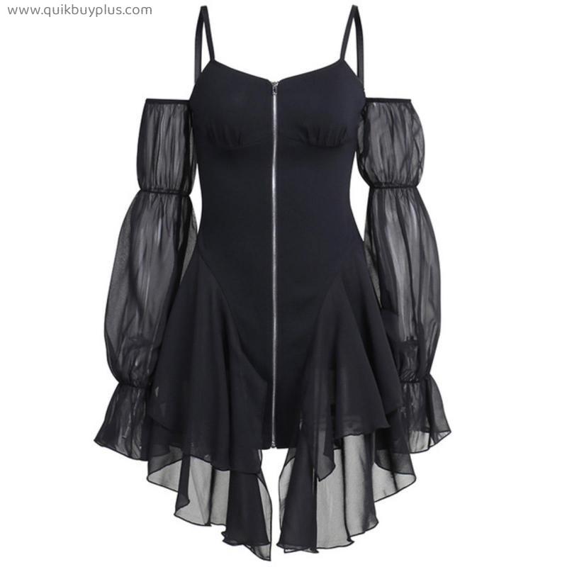 E-girl Dark Academia Zip Up Mini Dress Vintage Lantern Mesh Sleeve Ruffles A-line Dress Harajuku Gothic Grunge Emo Alt Clothes