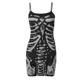 E-girl Gothic Bone Printed Mini Dress Y2K Aesthetic Vintage Slim Fit Spaghetti Strap Dress Punk Hip Hop Retro Grunge Clothes