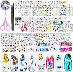 EAONE 60 Sheets Nail Art Stickers Self-Adhesive Nail Decals Water Transfer Butterfly Nail Tattoos Flowers and Leaf Nail Art Foils with Nail Gems Tweezers and Scissors for Women Girls DIY Nail Art