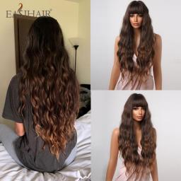 EASIHAIR Synthetic Wigs Long Brown Curly Wave Wigs with Bangs for Women Chocolate Brown  Daily Cosplay Hair Wigs Heat Resistant