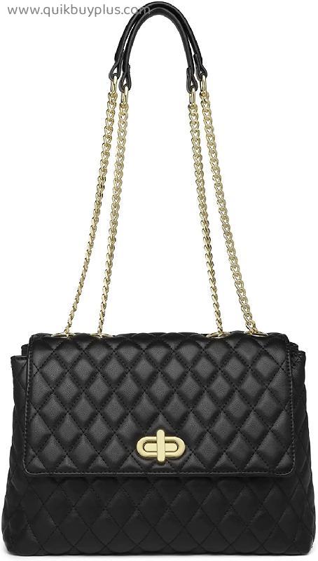 ER.Roulour Quilted Purses for Women, Medium Quilted Shoulder Bag, Flap Turnlock Soft Vegan Leather Chain Crossbody Bags