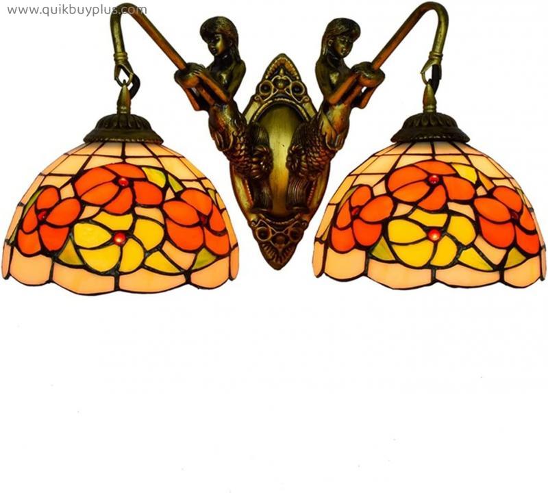 EYHLKM Pastoral Tiffany Wall Lamps Night Light Double Head Bedside Light Goddess Resin Base Handmade Flower Stained Glass Shade Dimmable Kitchen Living Room Hallway Loft Galleries