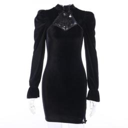 Elegant Lady Black Velvet Mini Dress 90s Vintage Lace Up Hollow Out Full Sleeve High Waist Slim Dress Women Harajuku Clothes