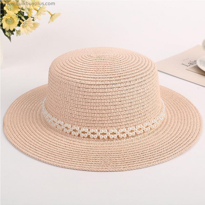 Elegant Women's Summer Hat Pearl Decoration Sun Protection Cap Female Flat Top Wide Brim Foldable Straw Hat Beach Hat Sun Hats