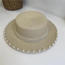 Elegant Women's Summer Hat Pearl Decoration Sun Protection Cap Female Flat Top Big Wide Brim Hat Straw Hat Beach Hat Sun Hats