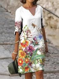Elegant Women Dress Summer Vintage Print V-Neck Half Sleeve A-Line Dress Sundress 2022 Fashion Female Loose Dresses Vestidos