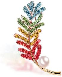 Enamel Diamond Leaf Brooch, Freshwater Pearl Leaf Brooch, Ladies Fashion Clothing Accessory Pins, Colorful Enamel Brooch Jewelry Ladies Girls Birthday Date Party (Color : A)