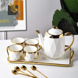 European Style Tea Set, Bone China Kettle And Tea Cup, Gray Coffee Set With Tray, Suitable For Wedding Gifts/family Afternoon Tea (Color : B, Size : 1 Pot 4 Cups)