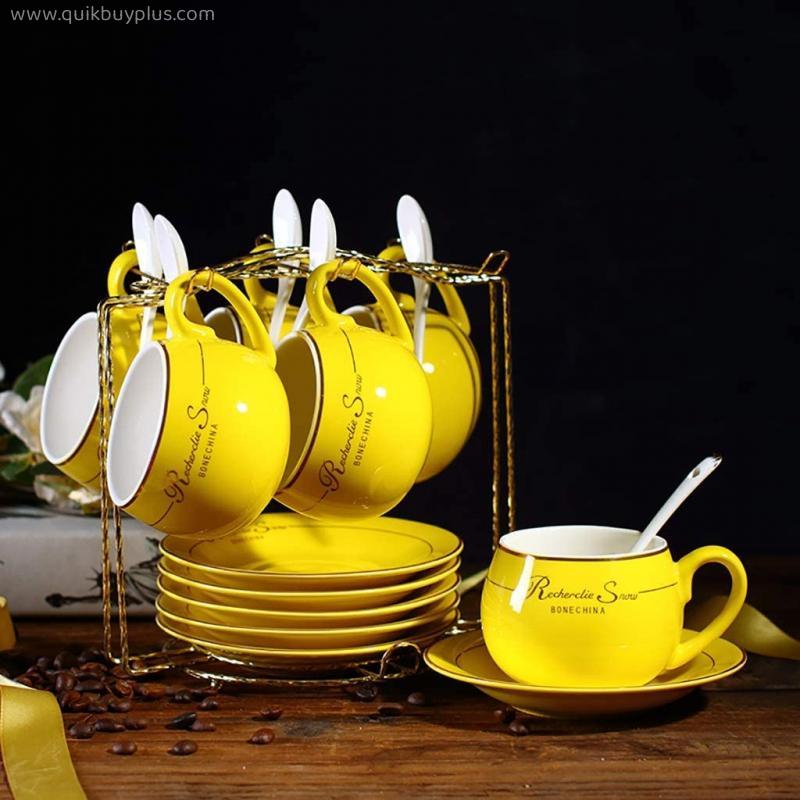 European Tea Set 6 Cup Coffee Set Ceramics Tea Set Afternoon Tea Set Metal Bracket For Gifts/Wedding/Home And Office (Color : B)