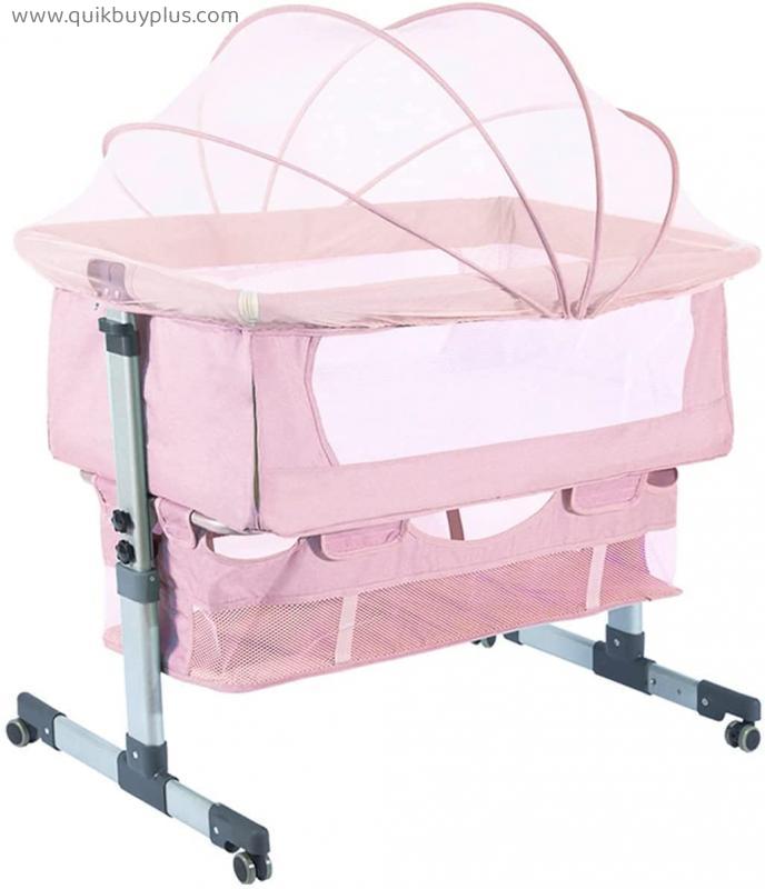 FACAIAU Bedside Sleeper Bedside Cribs, Baby Bassinet 3 in 1 Travel Baby Crib Baby Bed with Breathable Net, Adjustable Portable Bed for Infant/Baby with Detachable Mosquito net and Mattress,Pink