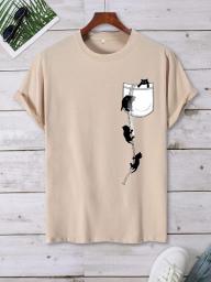 FDSUFDY Men's T-Shirts Men Cartoon Cat Print Tee (Color : Khaki, Size : XX-Large)