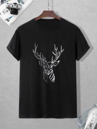 FDSUFDY Men's T-Shirts Men Geo & Deer Print Tee (Color : Black, Size : Small)