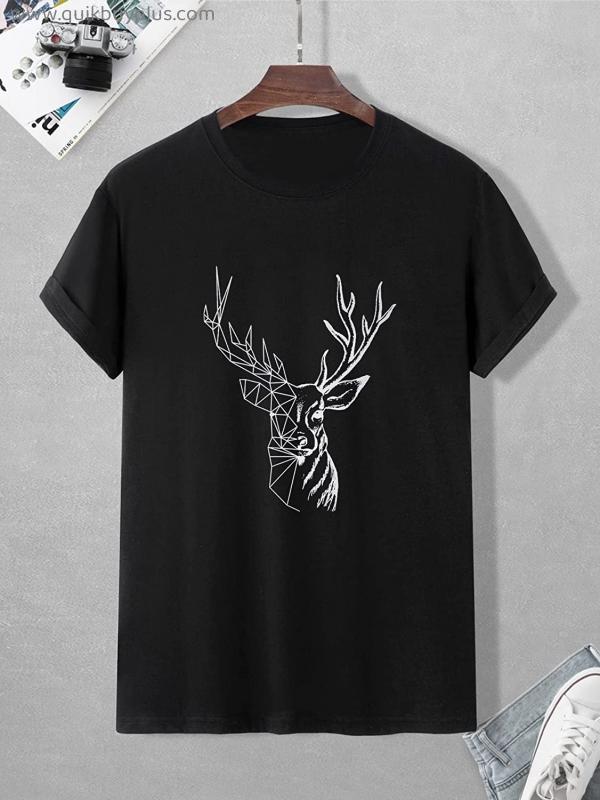 FDSUFDY Men's T-Shirts Men Geo & Deer Print Tee (Color : Black, Size : Small)