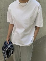 FDSUFDY Men's T-Shirts Men Solid Drop Shoulder Tee (Color : White, Size : Large)