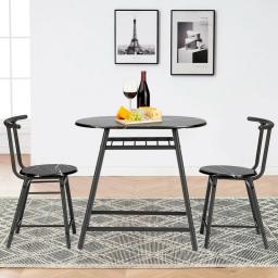 FDW 3 Piece Dining Table Set with Metal Frame Built-in Wine Rack,Black