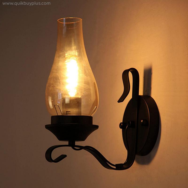 FREEDL Antique Wall Lamp Kerosene Lantern Vintage, Black Iron Wall Lights Loft Style with Glassshade, Retro Bedside Wall Sconces E27 for Bedroom, Home Lighting Fixtures for Corridor Stairs Aisle