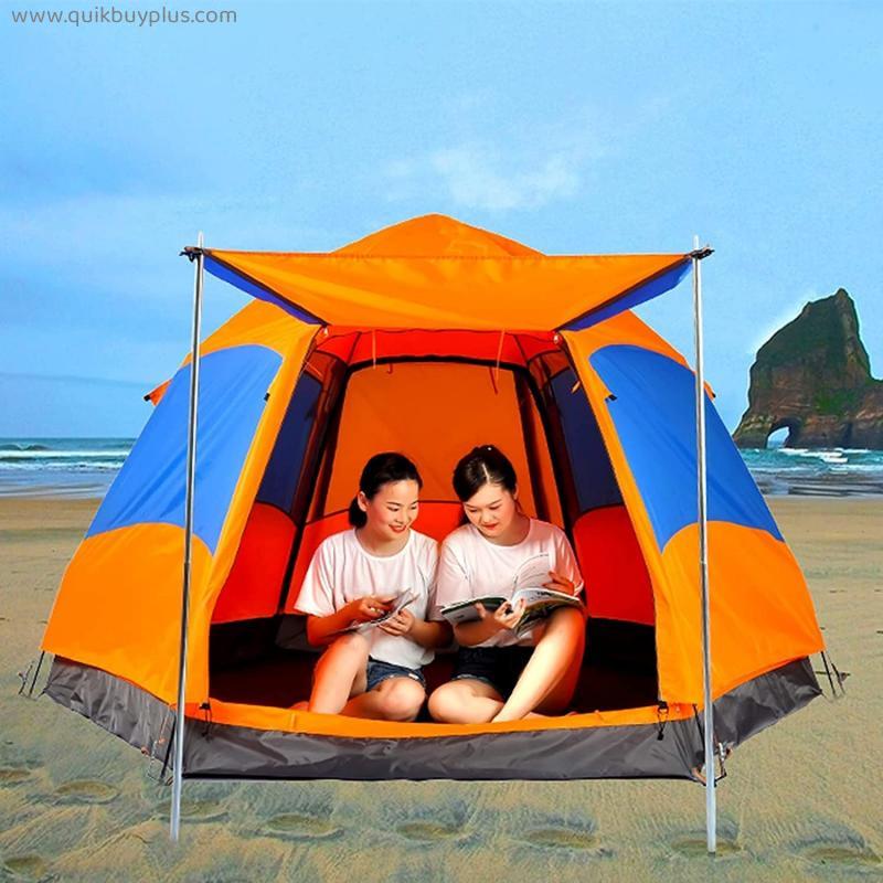 FXLYMR Tent Outdoor Camping Outing 3-4 People Pop up Camping Tent, Double Hexagonal Beach Automatic Tent with Hall Pole and Rainproof Account, Outdoor Beach Tent Sun Protection,Orange
