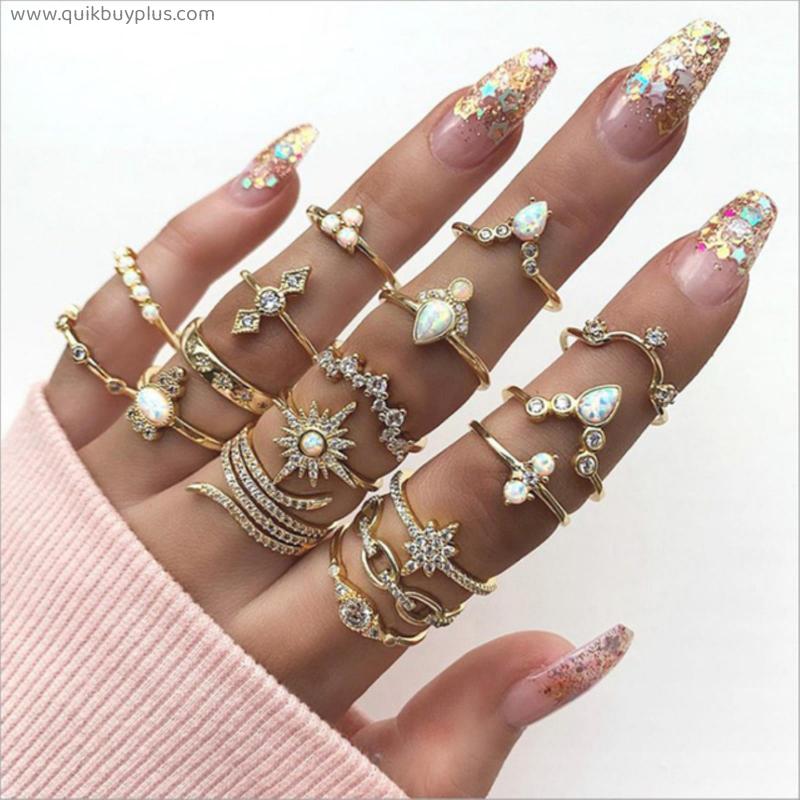 Fashion Geometric Knuckle Rings set For Women Crystal Gold color Finger Ring Boho Ladies wedding Jewelry Gift