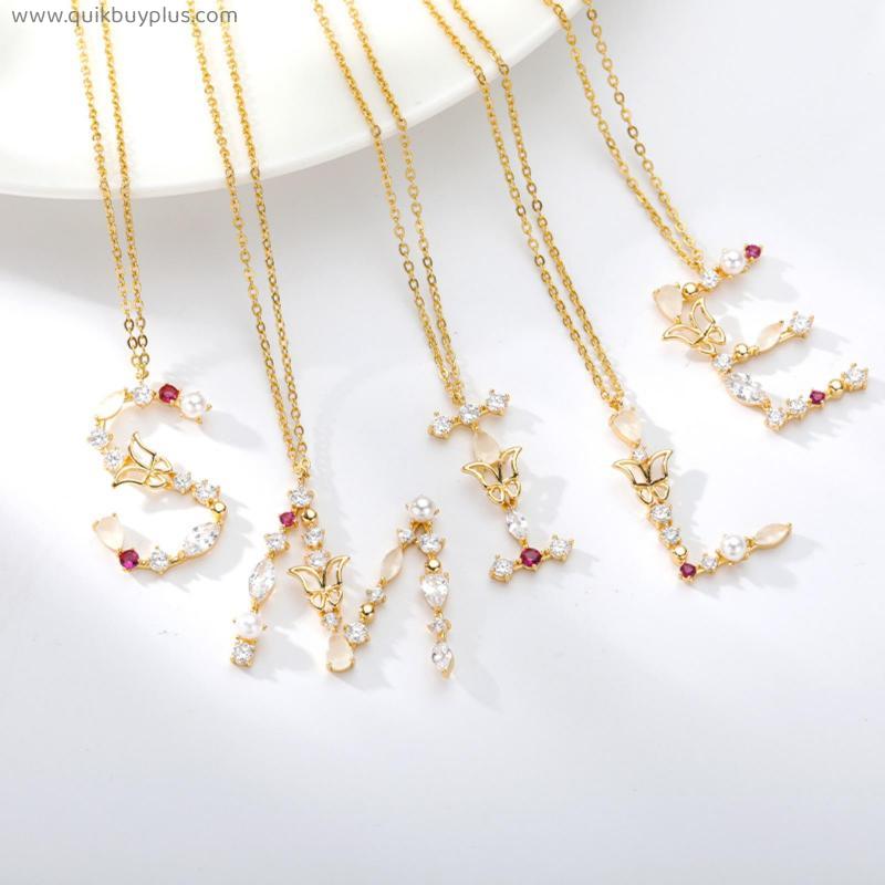 Fashion Initial Letter Name Pendant Necklace 14K Gold  Plated Colorful Cubic Zirconia Alphabet 26 A-Z gold butterfly clavicle sweater chain Jewelry Gifts Accessories for Women Girls Students