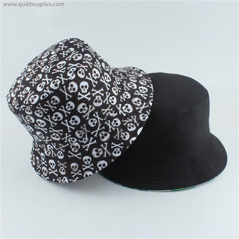 Fashion Skull Print Black Bucket Hat Women Women Bucket Cap Double Side Fisherman Hat Fishing Beach Sun Hats