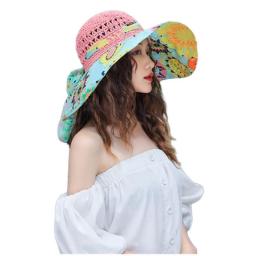 Fashion Sun Hat For Women Holiday Beach Straw Hat Female Hollow Printed Bow Summer Big Brim Hat Fold Uv Protection Floppy Hat