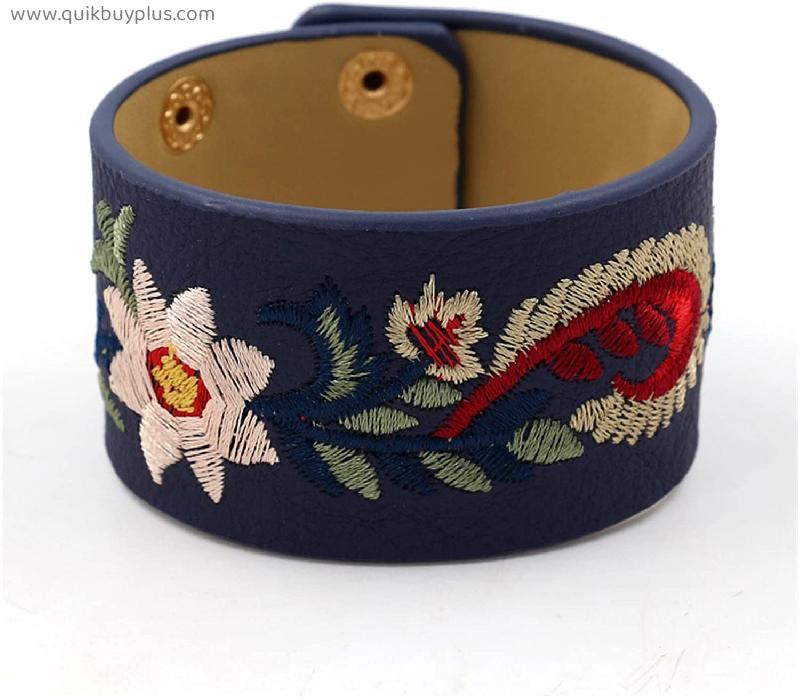 Fashion leather embroidered personality wide bracelets bangles women bracelet (Metal Color : KR1076-4)
