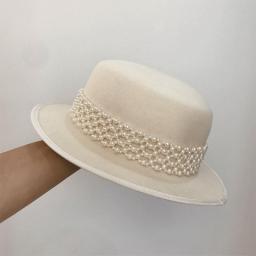 Fedora Hats For Women Autumn Winter Handmade Pearl Decoration 100% Wool Top Hat Flat Top Wide Brim Cap Female Windproof New 2021