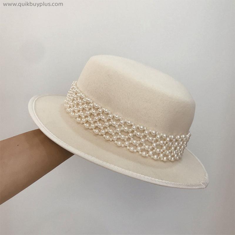 Fedora Hats For Women Autumn Winter Handmade Pearl Decoration 100% Wool Top Hat Flat Top Wide Brim Cap Female Windproof New 2021
