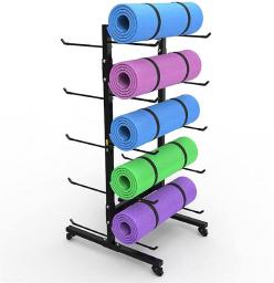 Floor Standing Double-Sided Yoga Mat Holder Rack, Black 5 Layer Large Capacity Heavy Duty Foam Roller Cart with Lockable Wheels, Workout Room/Gym