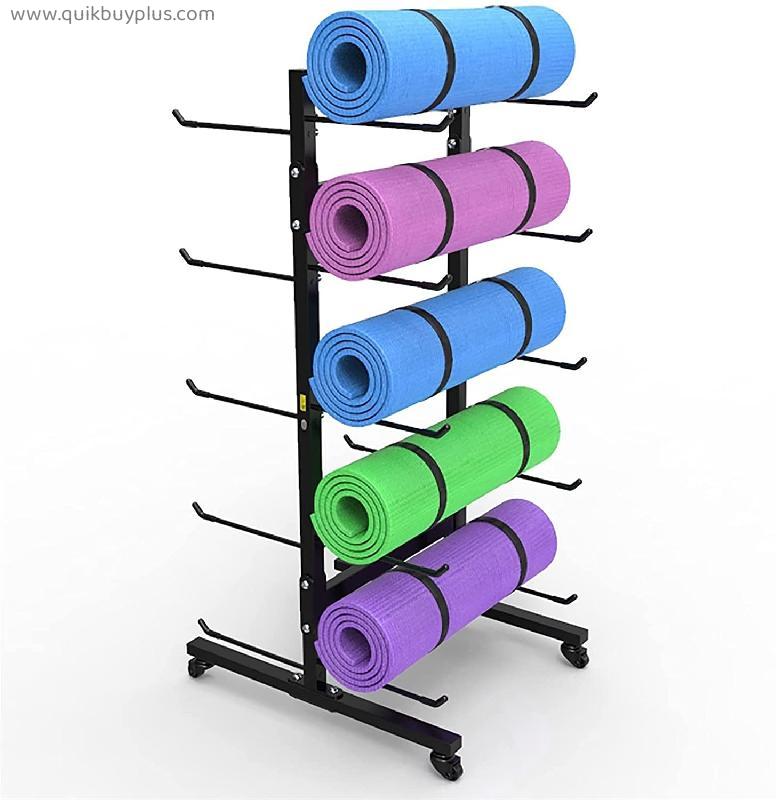 Floor Standing Double-Sided Yoga Mat Holder Rack, Black 5 Layer Large Capacity Heavy Duty Foam Roller Cart with Lockable Wheels, Workout Room/Gym