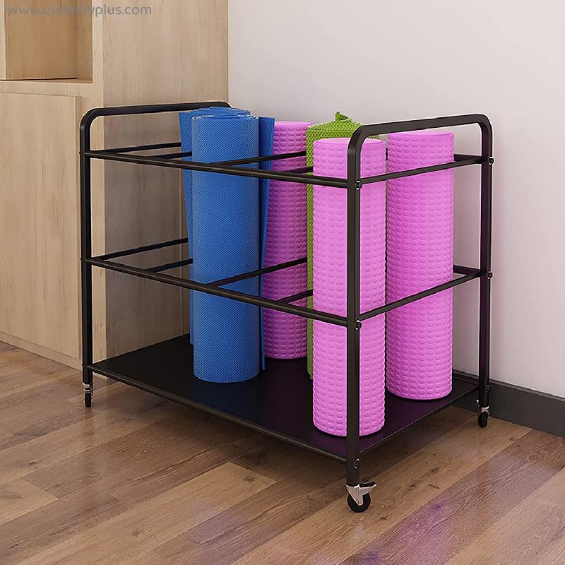 Floor Yoga Mat Holder Stand Basket for Home/Gym/Workout Room, Multifunctional Sports Accessaries Storage Trolley on Wheels, Compartment Design