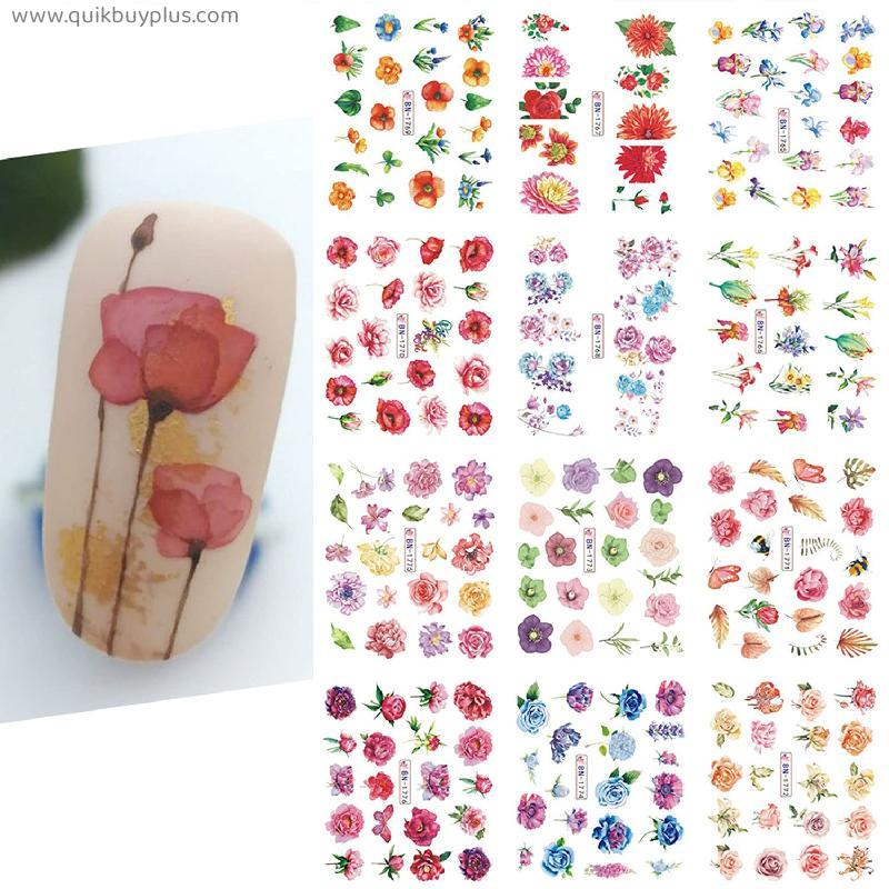 Flower Nail Art Stickers Decals Summer Nail Decorations Blooming Flower Nail Stickers Decals Water Summer Sliders Chrysanthemum Peony Design for Manicure 12 Sheets